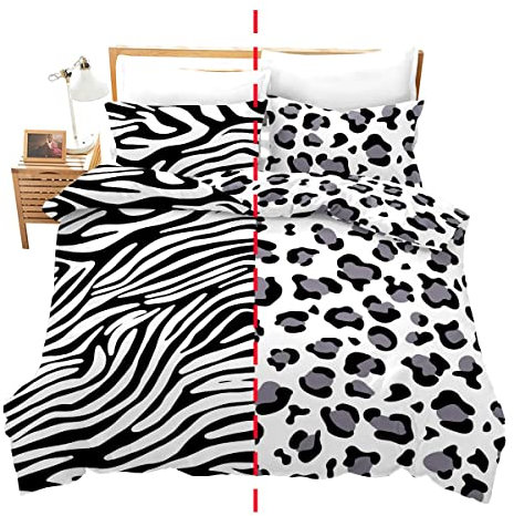 Loussiesd Zebra Streifen Bettbezug Set Leopard Drucken Bettwäsche Set 155x220cm für Kinder Jungen Mädchen Jugendliche Dekor 3D Wild Tier Haut Textur Betten Set Schwarz-Weiß Fell 2St Reißverschluss