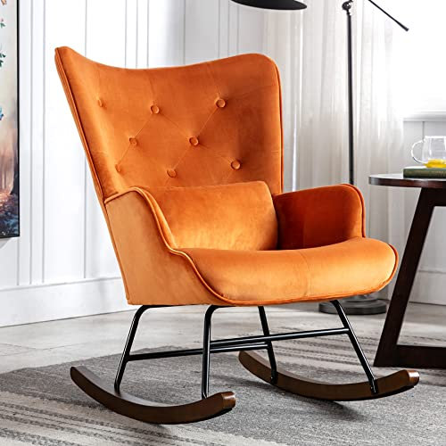 Skandinavischer Schaukelstuhl Schaukelstuhl Samt mit Metallgestell und Holzsockel Polstersessel für Wohnzimmer Retro Sessel Freizeit Relaxstuhl für Wohnzimmer/Schlafzimmer/Kinderzimmer (karamell)