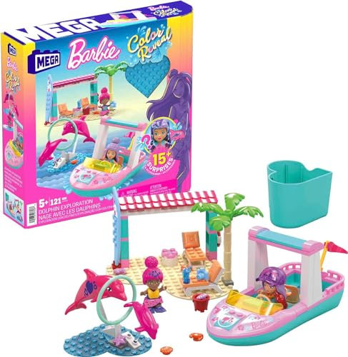 MEGA HHW83 - Barbie Color Reveal Delfinabenteuer Bauset mit mehr als 10 Überraschungen, 2 Mini-Puppen und 2 Delfinen, Konstruktionsspielzeug, Spielzeug-Geschenkset für Kinder ab 5 Jahren