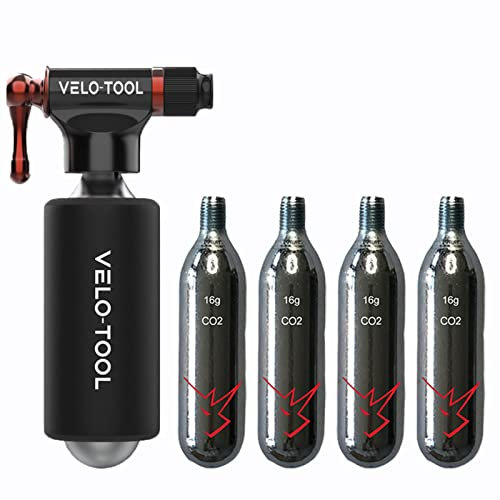 Velo-Tool™ CO2 Inflator Bike Pump–Premium Black/Silver, Quick & Lightweight + 5 x 16g CO2 Canister/Cartridges With Foam Grip-Presta & Schrader Valve Compatible-Mountain, Road & BMX Bikes