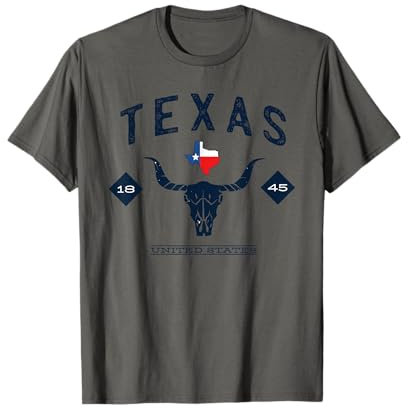 Proud of Texas Texas 1845 Vintage Longhorn Fan T-Shirt Grau Klein Klassisch Crew Neck Kurzarm Unisex EU S