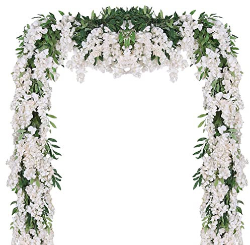 Duovlo 4Pcs 6.6Ft/Piece Imitation Silk Wisteria Garland Hanging Flower Vine for Home Outdoor Garden Ceremony Wedding Arch Floral Decor (Milk White)
