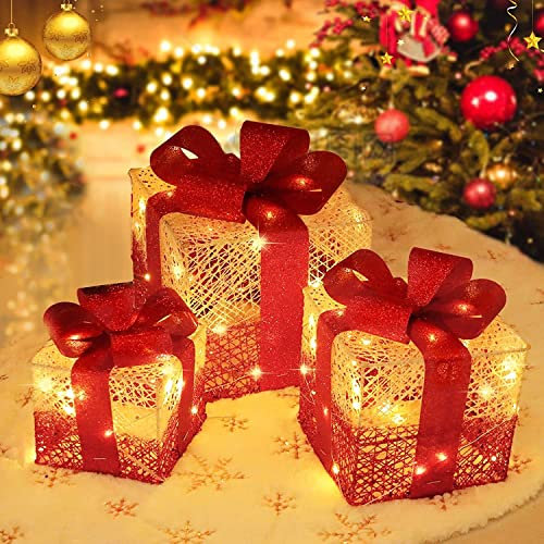 CERIAL Scatole regalo natalizie illuminate per esterni, set di 3 scatole artificiali preilluminate con luci a batteria, scatole regalo intagliate per decorazioni per interni dell'albero di Natale