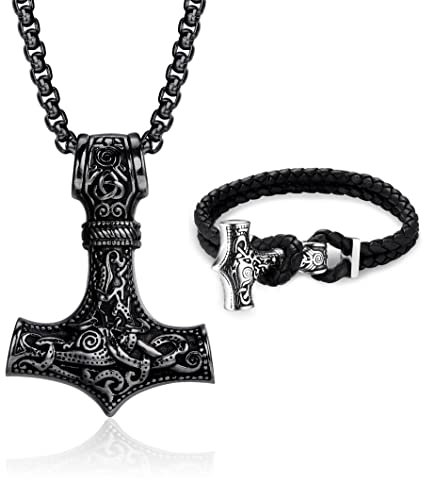 Milacolato Thors Hammer Halskette Wikinger Armband für Herren Schwarz/Silber Mj?lnir Anh?nger Edelstahl Thors Hammer Kette mit Leder Thors Hammer Armband Set Wikingerschmuck für Herren Schwarz