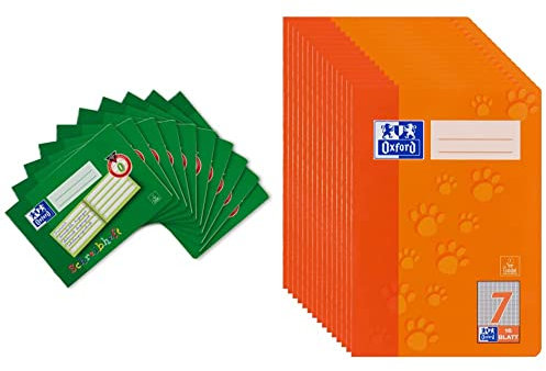 Oxford Schreibheft, A5 quer, Lin. 0 (1. Klasse), 16 Blatt, grün, 10 Stück & Schulheft A5, Lineatur 7, 16 Blatt, orange mit Tatzen, 15 Stück