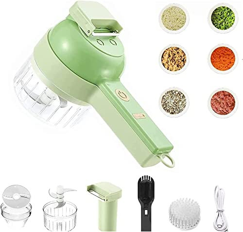 homeyuser 2022 Upgrade 4 in 1 Portable Electric Vegetable Cutter Set, Handheld Vegetable Slicer Blender, with One Button Control Food Slicer and Masher for Garlic Chilli Onion Ginger Meat, Green