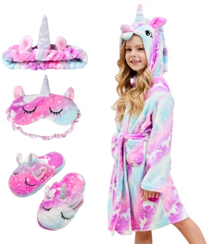 Piefry Peignoir Doux Fille Licorne Robes de Chambre à Capuche pour Filles avec Pantoufles de Licorne - Cadeaux pour Filles (Licorne Rose/Violet, 8-9 ans)
