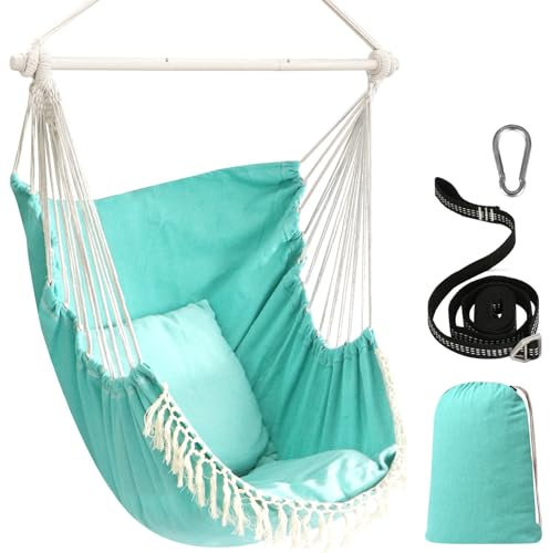 Chihee Hängesessel Hängeschaukel Maximal 500 Pfund Inklusive 2 Kissen Stahl Spreizstange mit Anti-Rutsch-Rillen Tragbarer Hängesessel Seitentasche Großer Macrame Bohemian Stuhl Innen Außen