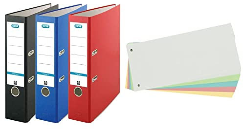 Elba Ordner A4, smart Original, 8 cm breit, 3 Farben, rot/blau/schwarz, 3 Stück & Limit Trennstreifen, aus Karton, gelocht, 180 g/m², 5 Farben, 100 Stück, 240 x 105 mm