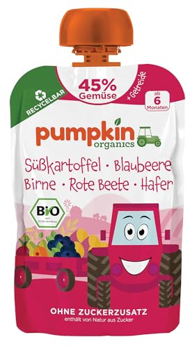 Pumpkin Organics Bio Gemüse-Quetschie mit Blaubeere ohne Zuckerzusatz¹ | Bio Gemüse-Getreide-Quetschie mit 45% Gemüse und weniger Fruchtzucker, ab 6 Monaten; idealer Beikost- bis Schulsnack