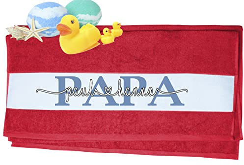 PAPA Handtuch personalisiert mit Kinder Namen bedruckt| Duschtuch, Badetuch, Saunatuch, Sporthandtuch| Frottiertücher |Geburtstag, Vatertag persönliche Geschenk Idee | Größe:70x140cm (Rot)