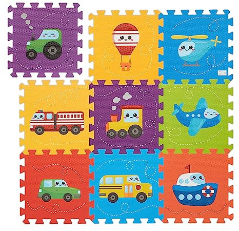 Relaxdays Puzzle Play Mat with Cars, Crawling Baby Jigsaw, Non-toxic, Washable, Soft EVA Foam, 86x86 cm, Multicoloured