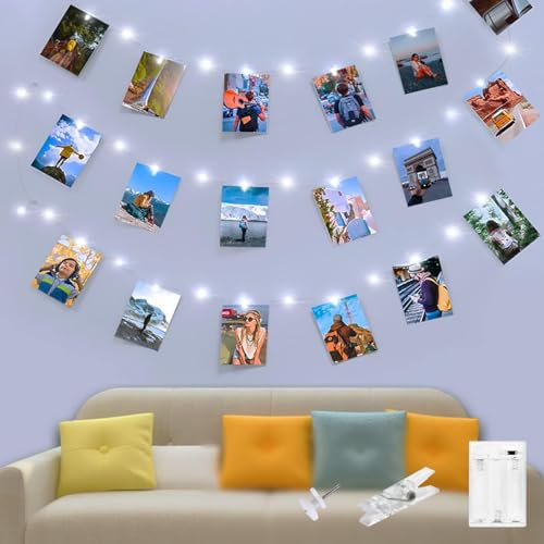 Kolpop 100 LED Photo Clip String Lights,10M Copper Wire Fairy Lights with 60 Clips Indoor Battery Powered Cooper Wire Hanging String Photo Frames Decoration for Bedroom Wedding Party Xmas (Cool White)