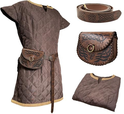 HiiFeuer Mittelalter Kostüm Tunic, mit Vintage-Gürtel und Tasche, Söldner Ritter Kleidung Rüstung, Renaissance LARP Cosplay Set für LARP Ren Faire und Halloween (Braun XL)