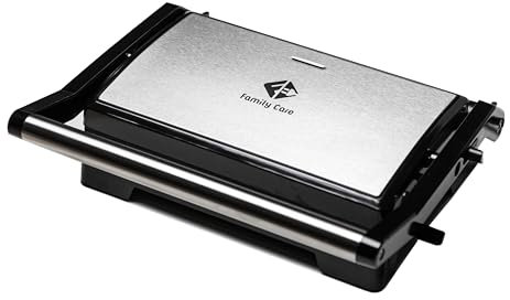 Family Care Parrilla Electrica - 1000W - Grill Sandwichera Plancha - Grill Electrico, Revestimiento Antiadherente, Cada Placa 23.5x14.5, Apertura 180º, Placa Superior Flotante, Acero/Negro