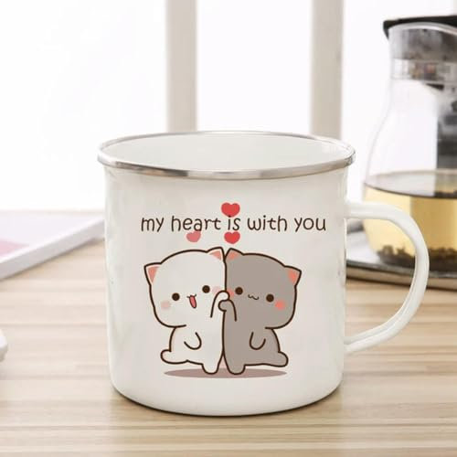 umsl Emaille-Tasse mit Pfirsich- und Goma-Katze, Kaffee-/Teetasse, niedliches Tier, Frühstück, Dessert, Milch, Wasser, Geschenk