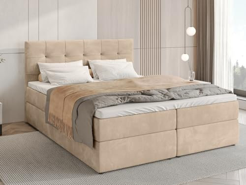 BROMARKT Boxspringbett mit Bettkasten Polsterbett mit Bonell-Matratze und Topper Doppelbett mit Stauraum Bett für Schlafzimmer gepolstertes Kopfteil Detroit 180x200 Härtegrad H3 Samtstoff Beige