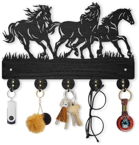MAYJOYDIY Holz Pferdeform Schlüsselhaken Wandmontage 30x20cm Laufendes Pferd Schlüsselhalter Schwarze Kunst Hutständer Mit 5 Haken Aus Legierung Für Wandkunst Dekoration Eingangsbereich Haustür