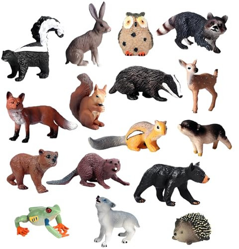 LANSKYLAN 16 Pcs Figurines Animaux Forêt et Jungle en Plastique, Miniatures Sauvages et Zoo 3D, Petits Animaux Réalistes pour Déco Fête Noël Cadeau