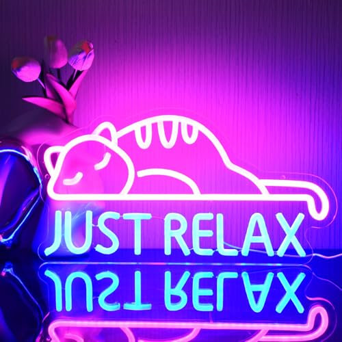 UExnkj-Y Chat Neon Sign Just Relax Enseigne au Néon Lettre Led Neon Animaux Neon Mural Alimenté USB Décoration Lumineuse Neon pour Magasin Chambre Bar Fête Décoration Murale Cadeaux de Vacances