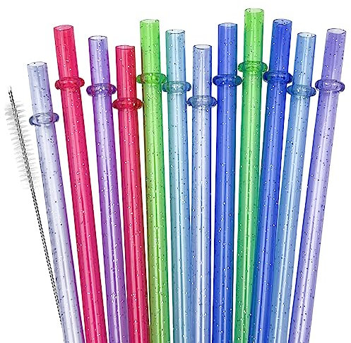 SUNDEE Reusable Plastic Straws, Glitter Straws Reusable Drinking Straw Thick BPA-Free Glitter Drinking Straw Accessories, Set of 24 Pcs Colorful Straw with Cleaning Brush - Set 1