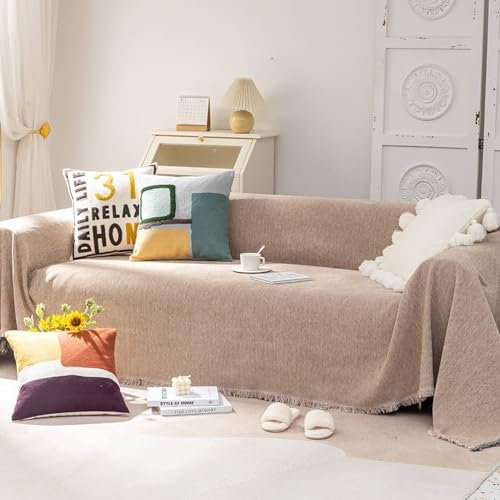Epinki Sofaüberwurf, 180x130CM Sofaüberwurf Zweisitzer mit Quaste Einfarbig Muster, Kratzfester rutschfest Sesselbezug aus Chenille für Wohnzimmer, Khaki