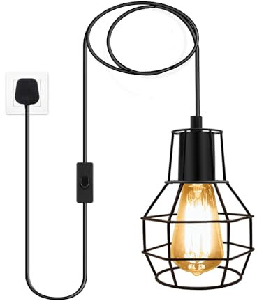 Plug in Pendant Light Fitting, Farmhouse Hanging Lights with Plug in Cord 450cm, Black Metal Cage Plug in Ceiling Light, Industrial Hanging Light Fixtures with On/Off Switch, for Kitchen, Loft Light