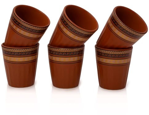 Handmade Traditional Kulhar Kulhad Chai Tea Coffee Mug Cup Cantaritos Set of 6 Glazed Earthenware Glossy Finish Clay Terracotta Artisanal Studio Pottery Mud Brown Food Safe Natural Rustic Eco-Friendly