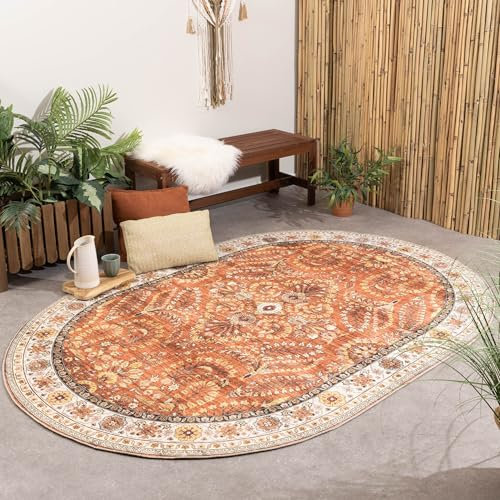 FRAAI | Home & Living Vintage Gartenteppich Oval - Santo Flora Terrakotta - Wetterfest - Polyester - Flachgewebe - Wohnzimmer, Esszimmer, Garten/Terrasse - Terrasse - Rug