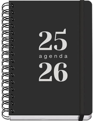 Dohe - Schülerkalender 2024 2025, Wochenansicht, A5 (15 x 21 cm), Ringverschluss und Gummi, Spanisch und Englisch, 4 Aufkleberseiten, September bis Juni, Schulmaterial, Schwarz