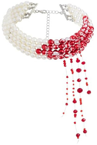 Blutige Perlenkette, Halloween Kostüm Damen Accessoires mit Verstellbarer Halloween Blut Halskette Perlen, Perlenkette Blut mit Quasten, Blutketten für Halloween Karneval Fasching Kostüm Party