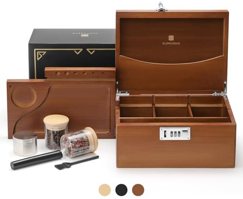 GLENCREAG Stash Box with Rolling Tray, Smell Proof Large Bamboo Storage Box with Lock, Decorative Box Set Includes Glass Jars & Grinder, Gift for Men Women