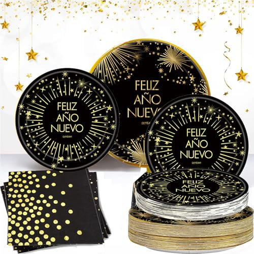 Bdecoll Tovaglioli per piatti di carta di Capodanno, 25 ospiti, felice, Capodanno, decorazione per feste, accessori per feste di Capodanno, accessori per feste di Capodanno 2025 (oro nero)