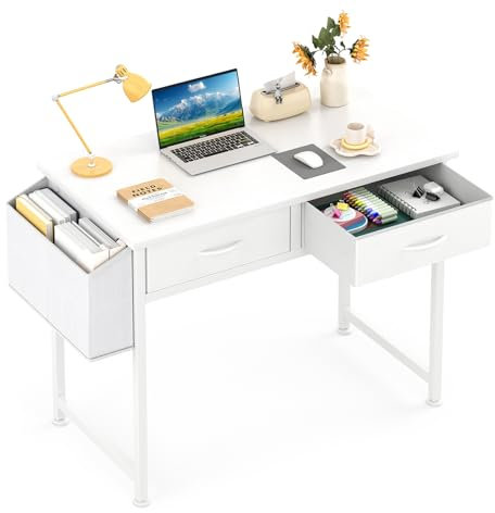 MUTUN Schreibtisch mit Schubladen, Schreibtisch klein mit Seitliche Aufbewahrungstaschen, 80 cm Kleiner Tisch, Computertisch Klein Mini Tisch Storage Bag, Hook, White