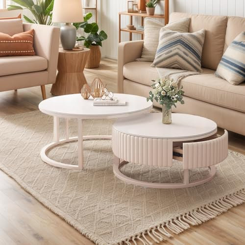 GonTzolkin Ronde Table Basse Gigogne Lot De 2 Blanche avec Rangement - Marbre, Design Moderne, Cadre Robuste en Métal - Extensible pour Salon et Bureau