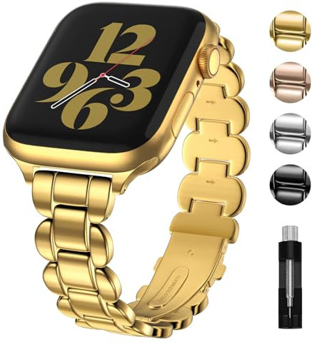 Fullmosa Correas de metal compatibles con Apple Watch Ultra 2/Ultra de 49 mm, Series 10 de 46 mm, 9/8/7 de 45 mm, SE2/SE/6/5/4 de 44 mm, 3/2/1 de 42 mm para mujer, color dorado