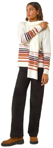Roman Originals Border Stripe Scarf Knit Jumper for Women UK - Ladies Everyday Autumn Winter Round Neckline Comfy Soft Evening Vacation Work Party Night Out - Ivory - Size 12