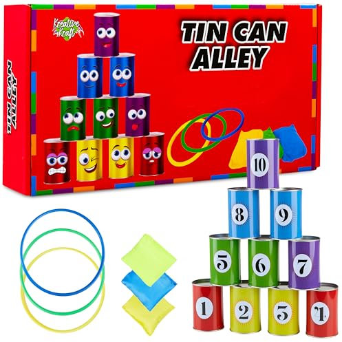 KreativeKraft Juegos Infantiles Juegos Exterior Niños Familia Adultos para Fiesta Cumpleaños Jardin Aire Libre Sacos para Carreras Ring Toss Game (El callejón de Las latas)