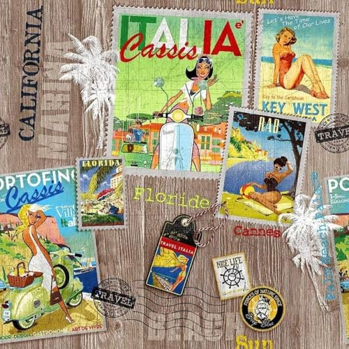 Vintage Reise Postkarte Magazin Druck Stoff - Dolce Vita Retro Global Travel Motive Pin Up Girl - Handwerk & Heimdekoration - Key West, Italien, Portofino, Kalifornien, 140 cm breit (2 Meter (140 cm