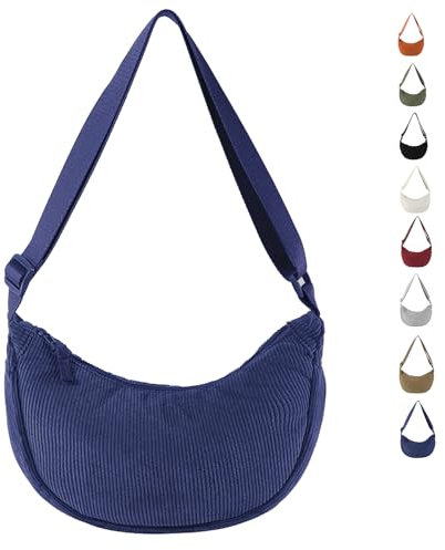 LOCCY Crossbody Bag Damen Cord, Halbmond Tasche Damen Cord, Einfarbige Halfmoon Bag Kord mit Verstellbarer Schultergurt für Frauen Reisen(Dunkelblau)