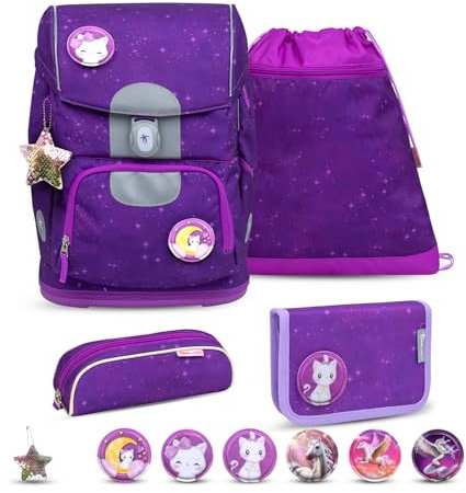 Belmil Motion ergonomisches Schulranzen Set 5-teilig aus recyceltem Material mit Brustgurt, Hüftgurt, Magnetverschluss, Patch Set 6 Stück (405-74/AG/S) (Purple Sky 2025)
