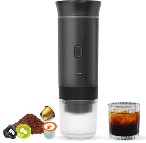 Umisu 3 en 1 Cafetera Espresso Portátil, Máquina de Café Portátil Eléctrica Café Expreso Recargable para Cápsulas Pequeñas o Grandes y Molido para Oficina Viaje Camping (Negro)