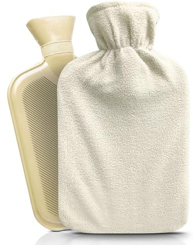 RE-GEN Hot Water Bottle with Microfiber Fleece Super Soft Cover | Large 2 Litre Capacity Ribbed | Made from Natural Rubber. Ideal for Hot Warming Pain Relief Therapy Treatment (Single Pack - Cream)