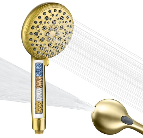 SUMERAIN Gefilterter Handbrause für hartes Wasser, gebürstetes Gold | Wassersparend, 9 Sprühnebel FOF ScaleBlock & Vitamin C Hautpflege, 3-Monatskartusche, für Kalifornien/Texas/Illinois