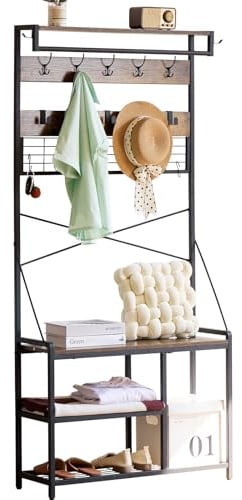 CHOSHOME Coat Rack Stand and Shoe Storage, Free Standing Hall Tree with Bench and Top Shelf, 15 Hooks and 2 Side Hooks, 83×29×180cm Vintage Brown and Ink Black for Hallway Entryway Living Room