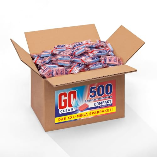 GO clean! Spülmaschinentabs Compact – 9 kg ca. 500 Stück, 18g, XXL-Sparpaket in Aufreißfolie mit starker Reinigungskraft gegen Schmutz und Fett