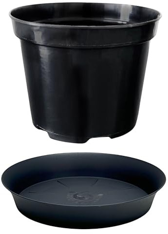 Heavy Duty Round Plant Pot & Saucer Set – 7 Sizes from 3L to 25L – Indoor Outdoor Use – Durable Plastic for Flowers, Vegetables, Herbs - Includes Matching Saucer – Black (1, Round 10L + 30cm)