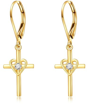 KECHO 14 Karat Gold Herz Kreuz Ohrringe Hebelverschluss Hängende Ohrringe Echtgold Schmuck Tauf Geschenke Für Damen