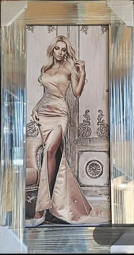 Biznest Lady In Wedding/Party Dress 3D Glitter Liquid Glass Wall Art Decor Silver Mirrored Portrait Frame Multicoloured 85 X 45 Cm (Golden Dress)