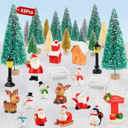 PLULON 35 teilige Weihnachtsfiguren, Mini Weihnachtsbäume, Schneemann, Weihnachtsmann, Weihnachtsdorf Zubehör, Flaschenbürstenbäume für Tischdekorationen im Winterurlaub